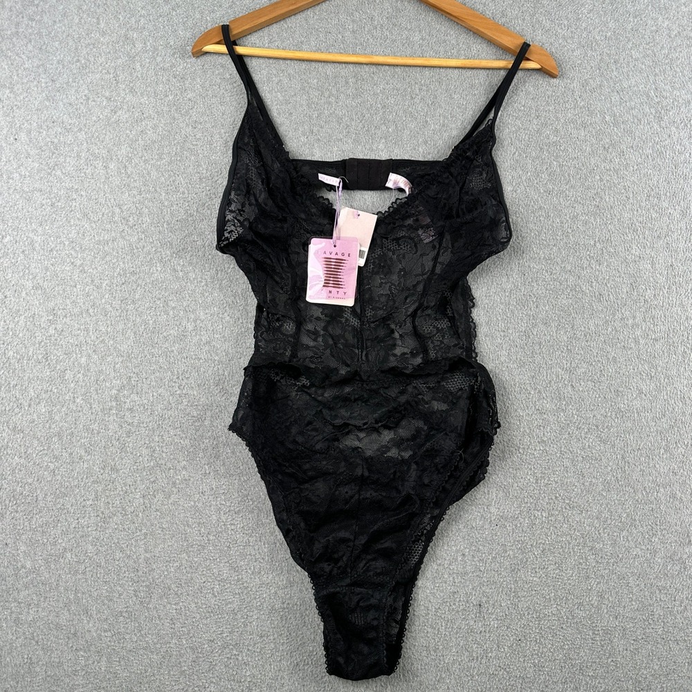 Savage X Fenty Bodysuit Womens Large Black Floral Lace Lingerie Teddy NWT‎